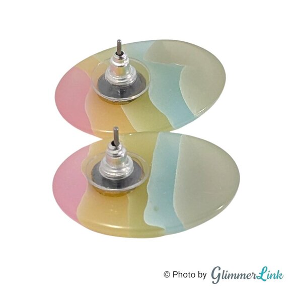 Vintage Lucite Pastel Stripe Oval Earrings 1980s Pink Yellow Green Blue - Picture 6 of 8